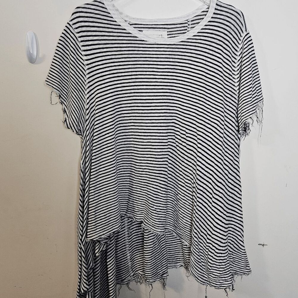 We The Free Short Sleeve Oversized Striped Assymetrical Tunic Linen Top Women's